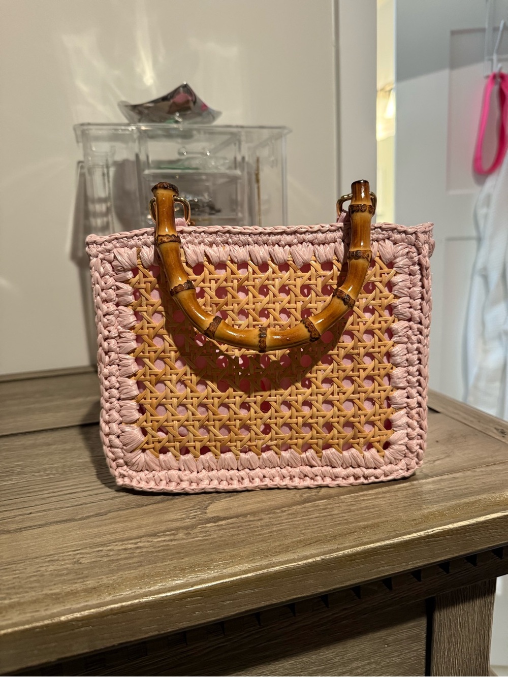 Handmade in Italy Pink Rattan Tote with Bamboo-Style Handles